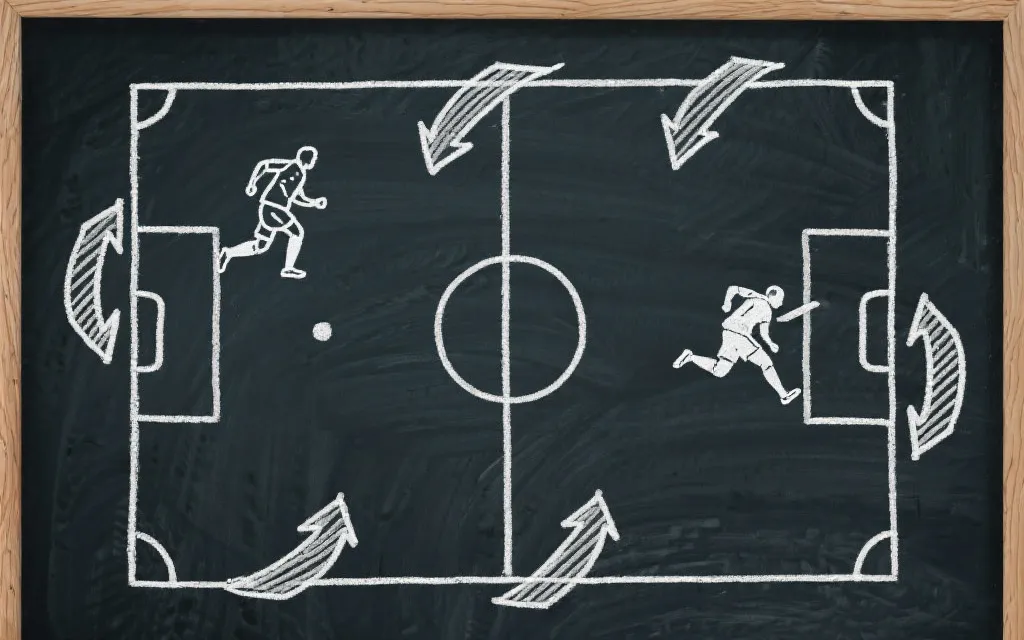 伪9回撤与内锋斜插联动示意，战术板与箭头标注，电影感