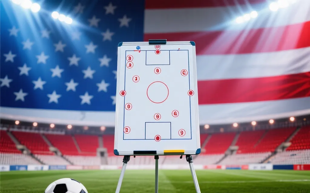 美国队比赛战术板与球场灯光氛围，强调小组赛策略推演